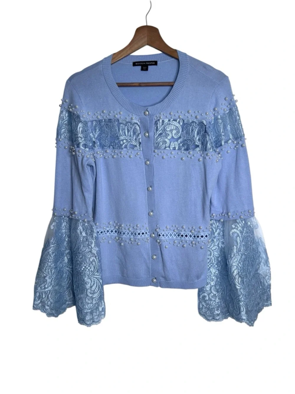 Boston Proper Pearl Embellished Lace Bell Sleeve Blue Cardigan Sweater Small